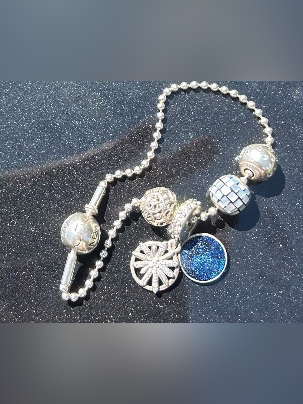 Retired Pandora Silver Charm Bracelet with Blue Druzy Pendant - Pandora